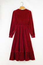 Load image into Gallery viewer, Racing Red Velvet Buttoned Puff Sleeve V Neck Split Midi Dress. (SPI)