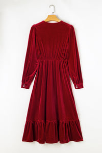 Racing Red Velvet Buttoned Puff Sleeve V Neck Split Midi Dress. (SPI)