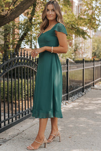 Sea Green Shirred Open Back Sweetheart Neck Ruffled Midi Dress. (SPI)