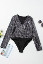 Load image into Gallery viewer, Black Sequin Mesh Long Sleeve Surplice Neck Bodysuit. (SPI)