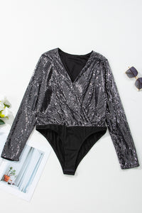 Black Sequin Mesh Long Sleeve Surplice Neck Bodysuit. (SPI)