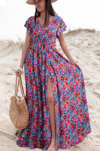 Blue Floral Print V Neck Wrap Split Maxi Dress. (SPI)