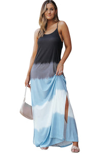 Sky Blue Spaghetti Strap Tie Dye Slit Maxi Dress. (SPI)