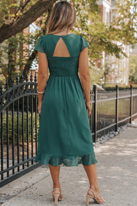 Sea Green Shirred Open Back Sweetheart Neck Ruffled Midi Dress. (SPI)