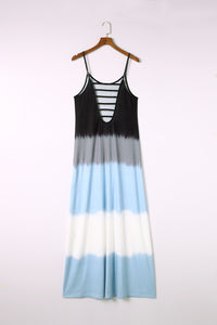 Sky Blue Spaghetti Strap Tie Dye Slit Maxi Dress. (SPI)