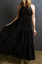 Load image into Gallery viewer, Black Spaghetti Straps Smocked Pleated Tiered Maxi Dress. (SPI)