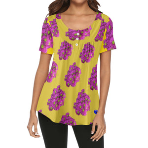 Daisy Poms print yellow Womens V-neck Top Blouse