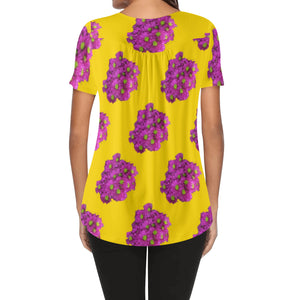 Daisy Poms print yellow Womens V-neck Top Blouse