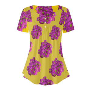 Daisy Poms print yellow Womens V-neck Top Blouse