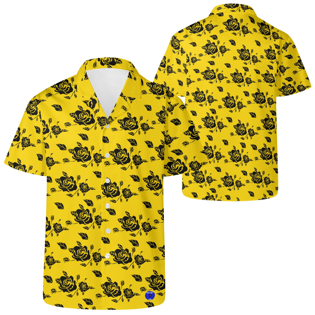 Yellow Mens Hawaiian Casual Shirt with black roses design.