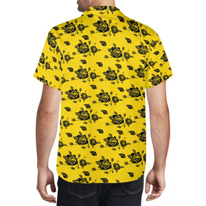 Yellow Mens Hawaiian Casual Shirt with black roses design.