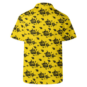 Yellow Mens Hawaiian Casual Shirt with black roses design.