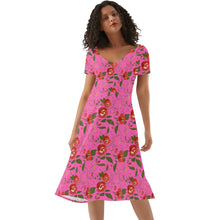 Load image into Gallery viewer, Pink Womens Ruffle Summer Dress with red roses design.