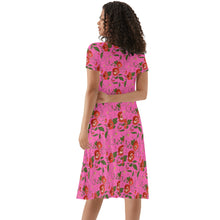 Load image into Gallery viewer, Pink Womens Ruffle Summer Dress with red roses design.