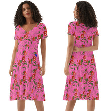 Load image into Gallery viewer, Pink Womens Ruffle Summer Dress with red roses design.