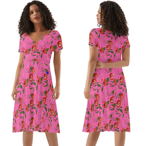 Pink Womens Ruffle Summer Dress with red roses design.