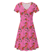 Load image into Gallery viewer, Pink Womens Ruffle Summer Dress with red roses design.