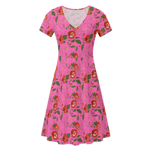 Pink Womens Ruffle Summer Dress with red roses design.