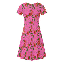 Load image into Gallery viewer, Pink Womens Ruffle Summer Dress with red roses design.