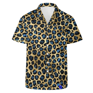 Blue and Gold Lepard Print Casual Hawaiian Shirt