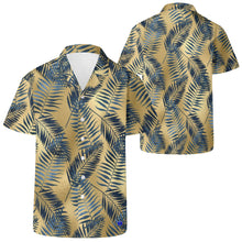 Load image into Gallery viewer, Blue Palm leaves, Gold Hawaiian Casual Mens Shirt