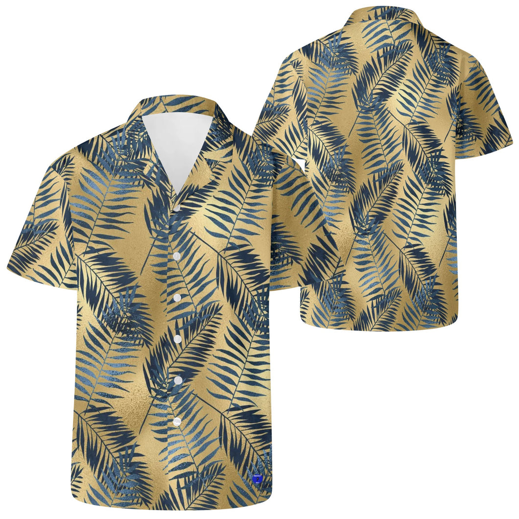 Blue Palm leaves, Gold Hawaiian Casual Mens Shirt