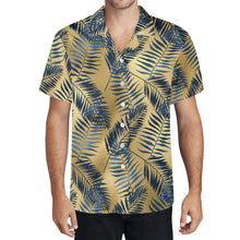 Load image into Gallery viewer, Blue Palm leaves, Gold Hawaiian Casual Mens Shirt