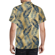 Load image into Gallery viewer, Blue Palm leaves, Gold Hawaiian Casual Mens Shirt