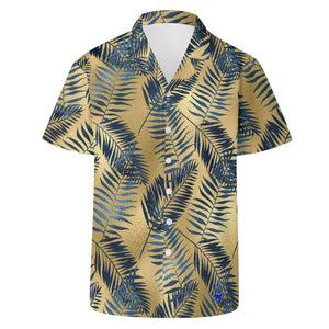 Blue Palm leaves, Gold Hawaiian Casual Mens Shirt