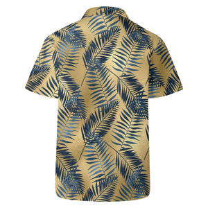 Blue Palm leaves, Gold Hawaiian Casual Mens Shirt