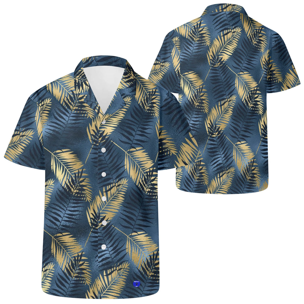 Mens BL N GLD floral leaves Print Casual Hawaiian Shirt.