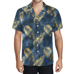 Mens BL N GLD floral leaves Print Casual Hawaiian Shirt.