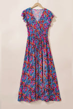 Load image into Gallery viewer, Blue Floral Print V Neck Wrap Split Maxi Dress. (SPI)