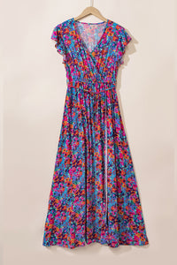 Blue Floral Print V Neck Wrap Split Maxi Dress. (SPI)