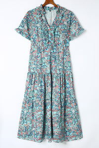 Sky Blue Paisley Print Boho Holiday Ruffle Tiered Maxi Dress. (SPI)