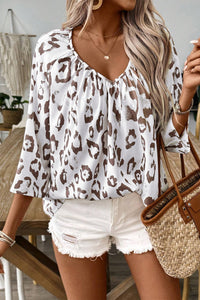 Khaki Leopard Print Ruched V Neck 3/4 Sleeve Blouse. (SPI)