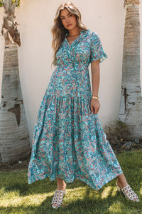 Sky Blue Paisley Print Boho Holiday Ruffle Tiered Maxi Dress. (SPI)