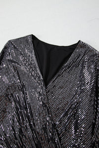 Black Sequin Mesh Long Sleeve Surplice Neck Bodysuit. (SPI)