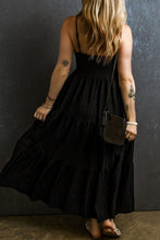 Load image into Gallery viewer, Black Spaghetti Straps Smocked Pleated Tiered Maxi Dress. (SPI)