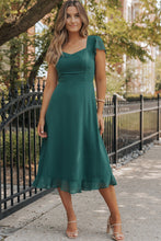 Load image into Gallery viewer, Sea Green Shirred Open Back Sweetheart Neck Ruffled Midi Dress. (SPI)