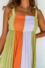 Load image into Gallery viewer, Green Color Block Shirred High Waist Fit and Flare Maxi Dress. (SPI)