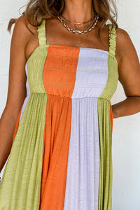 Green Color Block Shirred High Waist Fit and Flare Maxi Dress. (SPI)