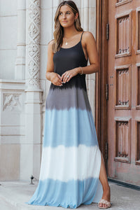 Sky Blue Spaghetti Strap Tie Dye Slit Maxi Dress. (SPI)