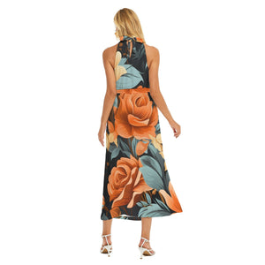 Rose Floral Print Women's Wrap Hem Belted Halter Dress. (SPI)