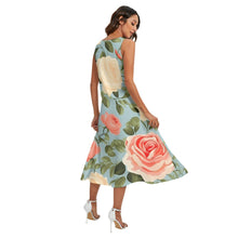 Load image into Gallery viewer, Pink, white roses floral Print Women&#39;s (Lt Blue) Sleeveless Dress With Diagonal Pocket. (SPI)