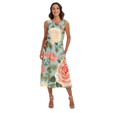 Load image into Gallery viewer, Pink, white roses floral Print Women&#39;s (Lt Blue) Sleeveless Dress With Diagonal Pocket. (SPI)