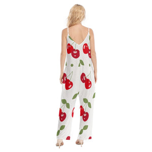 Cherry All-Over Print Women's Loose Cami Jumpsuit