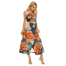 Load image into Gallery viewer, Rose Floral Print Women&#39;s Wrap Hem Belted Halter Dress. (SPI)