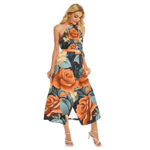 Rose Floral Print Women's Wrap Hem Belted Halter Dress. (SPI)