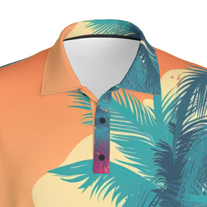 Blue Palm Trees Print Men's Polo Collar Jersey